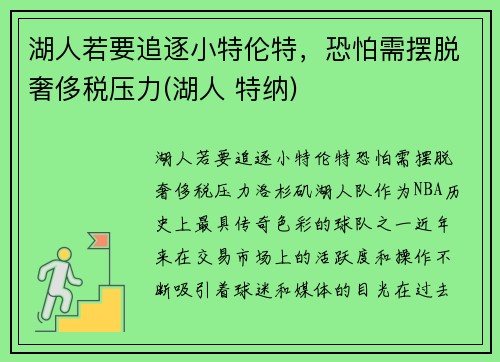 湖人若要追逐小特伦特，恐怕需摆脱奢侈税压力(湖人 特纳)