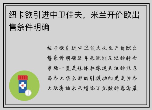 纽卡欲引进中卫佳夫，米兰开价欧出售条件明确