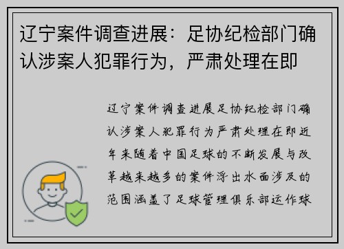 辽宁案件调查进展：足协纪检部门确认涉案人犯罪行为，严肃处理在即