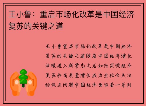 王小鲁：重启市场化改革是中国经济复苏的关键之道