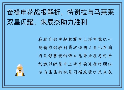 奋楫申花战报解析，特谢拉与马莱莱双星闪耀，朱辰杰助力胜利